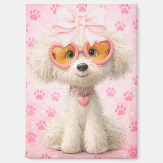 Cute Poodle with Pink Paw Prints and Bow Magnet (Front)