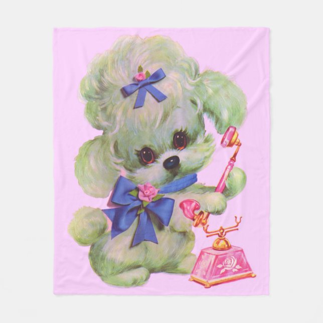 cute poodle with pink telephone fleece blanket (Front)