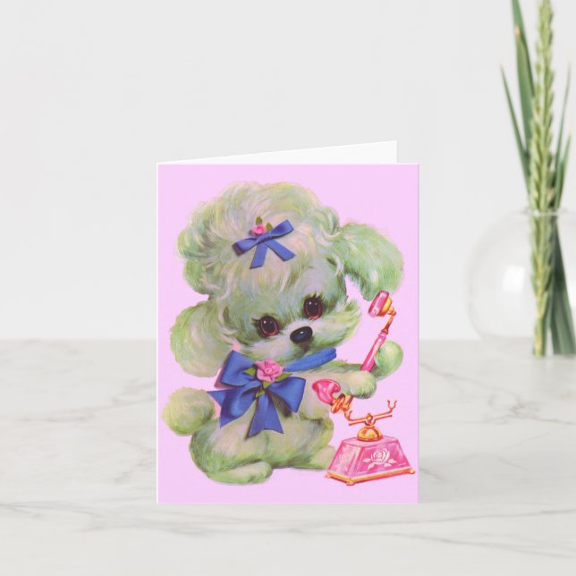 cute poodle with pink telephone note card (Front)