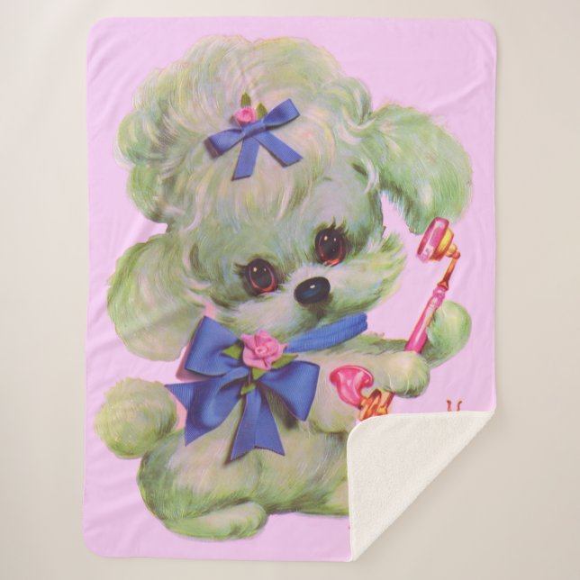 cute poodle with pink telephone sherpa blanket (Front)