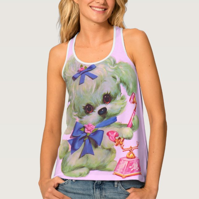 cute poodle with pink telephone tank top (Front)
