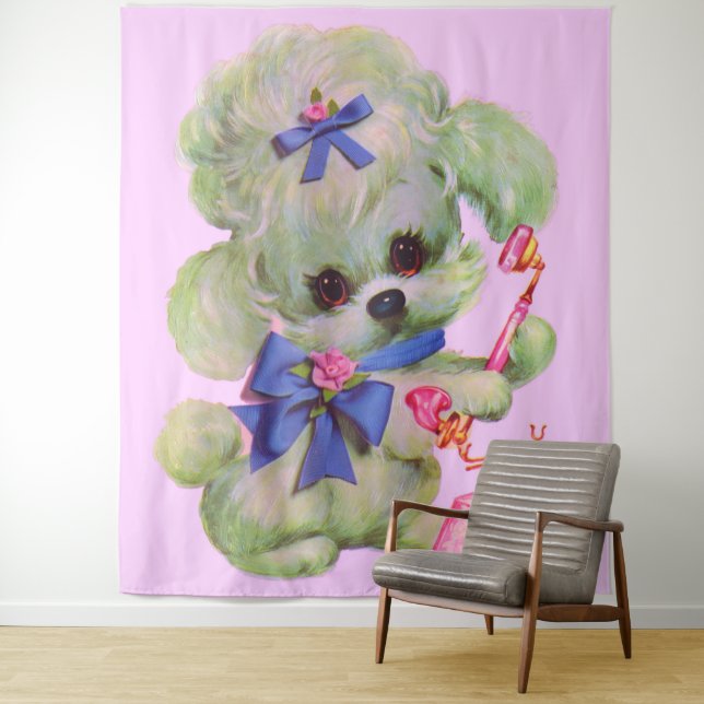 cute poodle with pink telephone tapestry (In Situ)