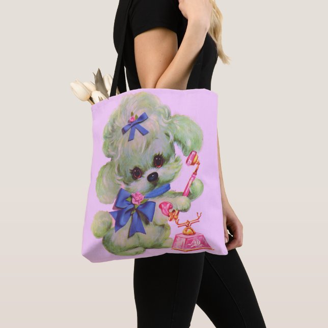  cute poodle with pink telephone tote bag (Close Up)