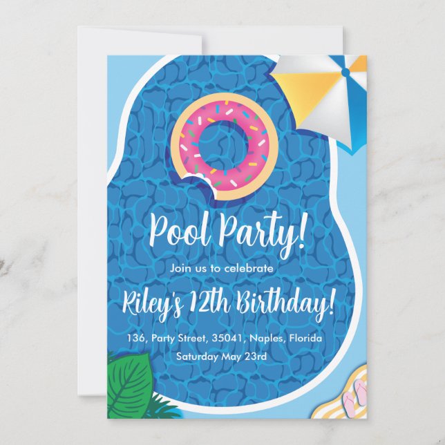 Cute Pool Donut theme party invitation (Front)