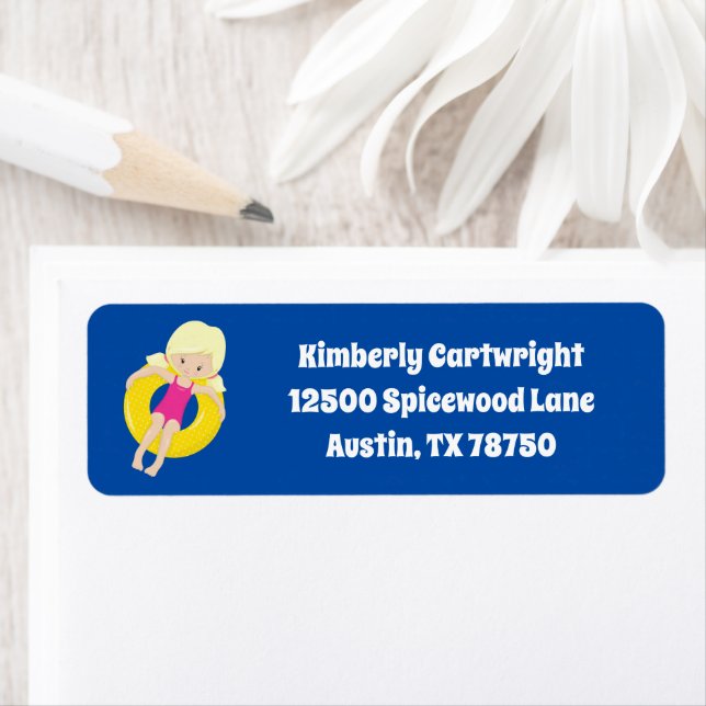 Cute Pool Party Blonde Girl Swim Return Address Label (Insitu)