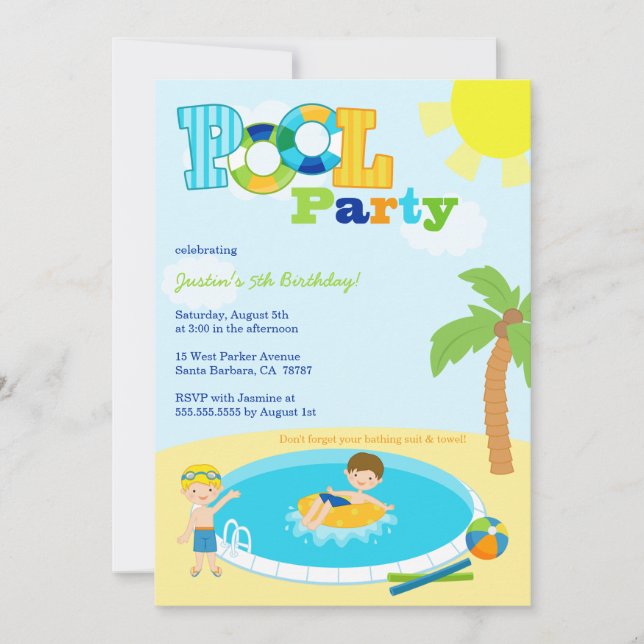 Cute pool party boys birthday party invitation (Front)