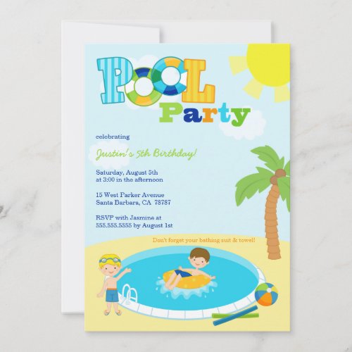 Cute pool party boys birthday party invitation