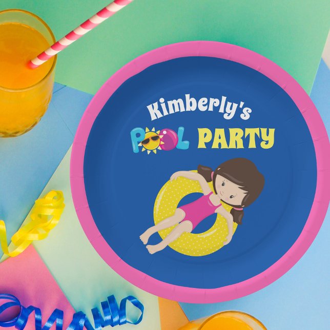 Cute Pool Party Custom Girls Birthday Paper Plates (Creator Uploaded)