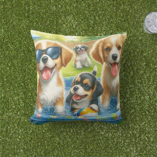 Cute Pool Party Dog Lovers  Outdoor Pillow (Grass)