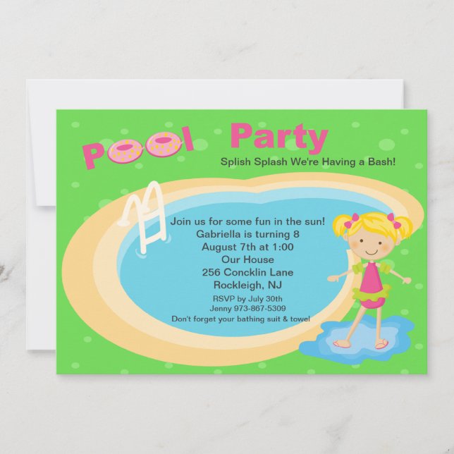 Cute Pool Party Girls Birthday Invitation (Front)