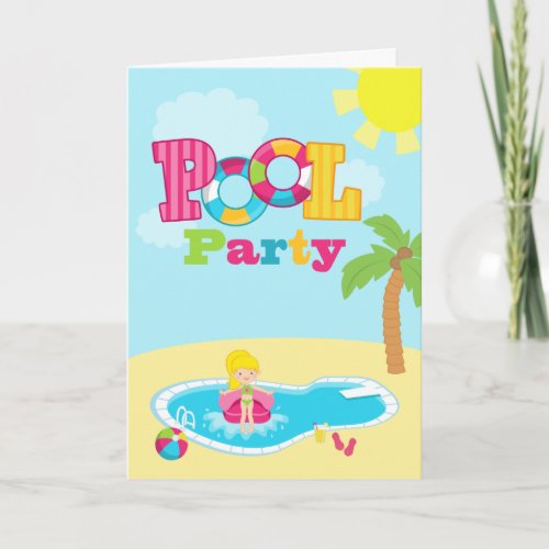 Cute pool party girls birthday party card invite