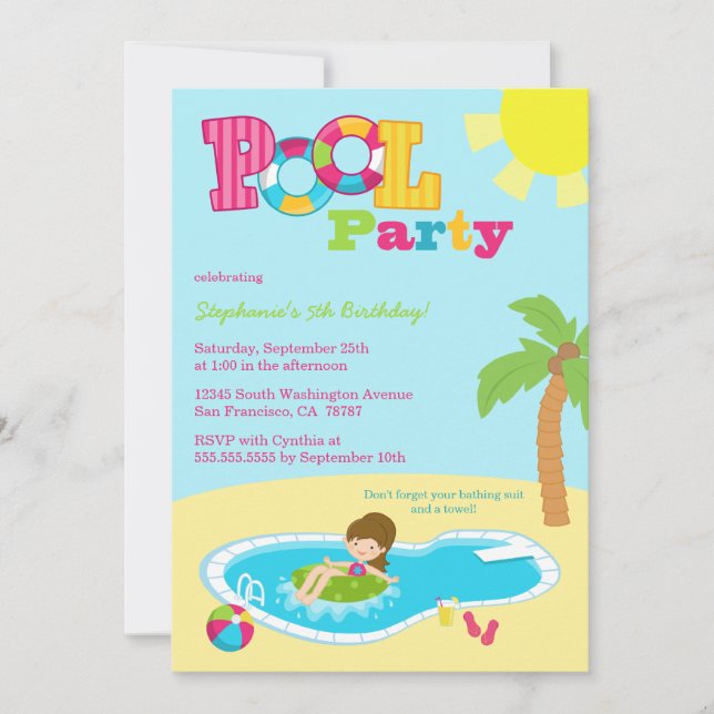 Cute pool party girls birthday party invitation (Front)