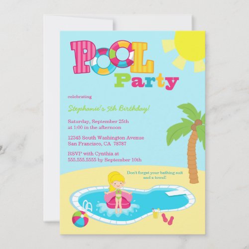 Cute pool party girls birthday party invitation