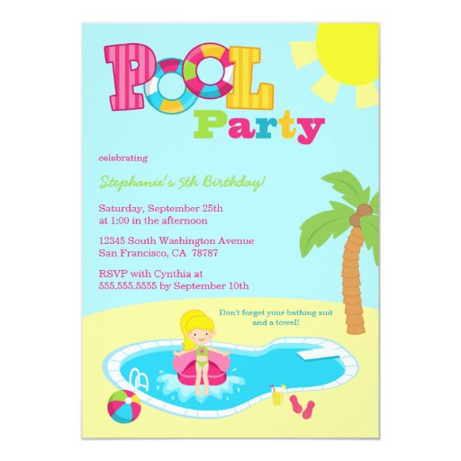 Cute pool party girls birthday party invitation | Zazzle