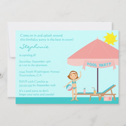 Cute pool party girl's birthday party invitation