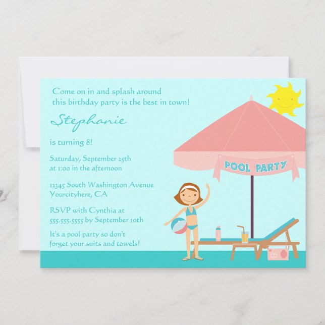Cute pool party girl's birthday party invitation (Front)