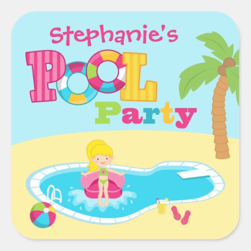 Cute pool party girls birthday party stickers