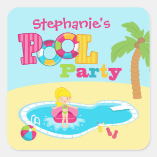 Cute pool party girls birthday party stickers