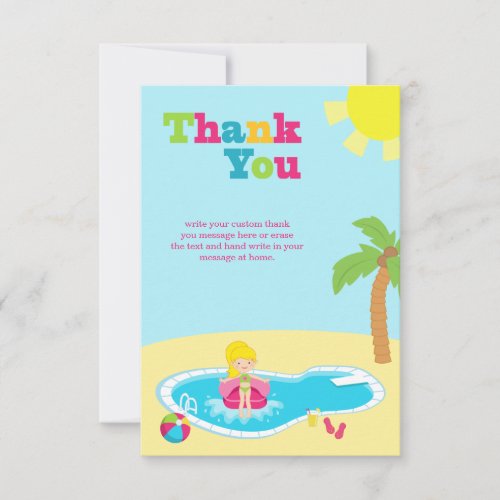 Cute pool party girls birthday thank you card custom invites