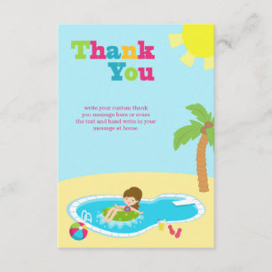 Cute pool party girls birthday thank you flat card