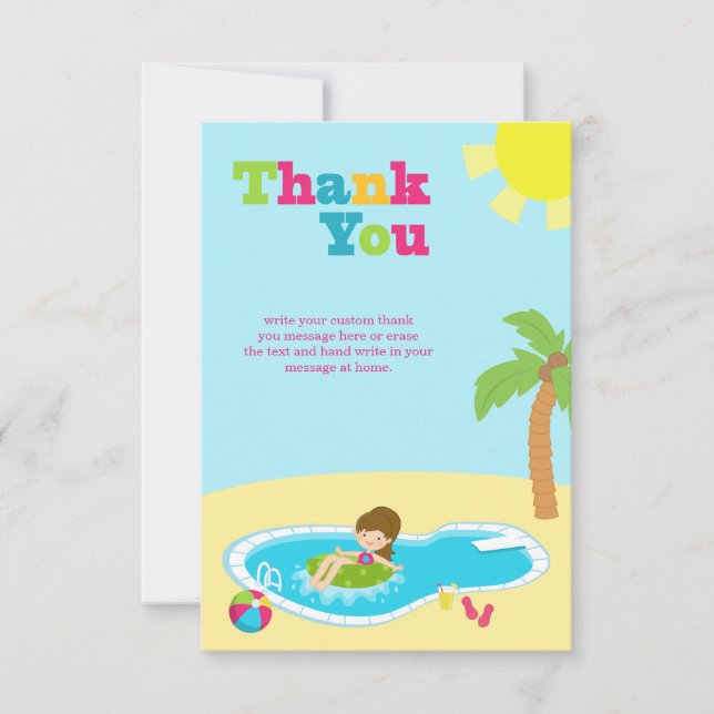 Cute pool party girls birthday thank you flat card (Front)