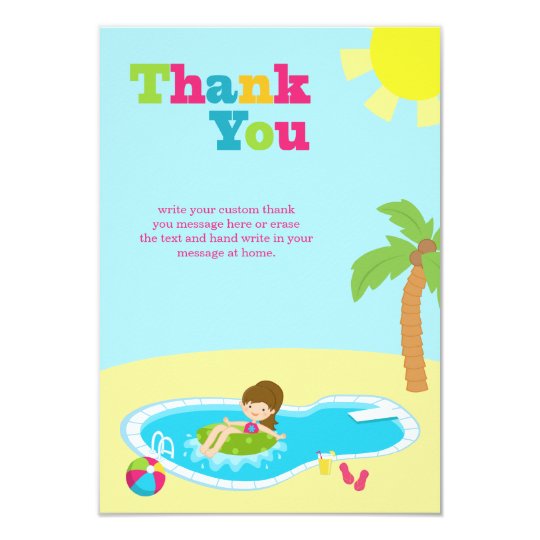 Cute pool party girls birthday thank you flat card