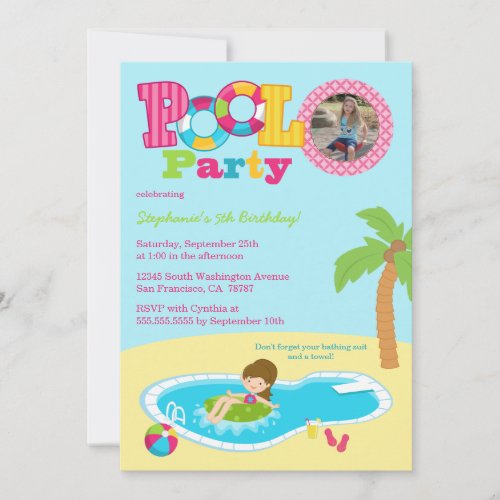 Cute pool party girls photo birthday party invite