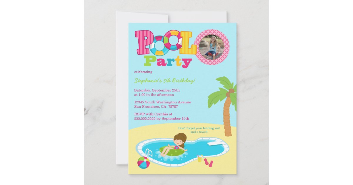 Cute pool party girls photo birthday party invite | Zazzle