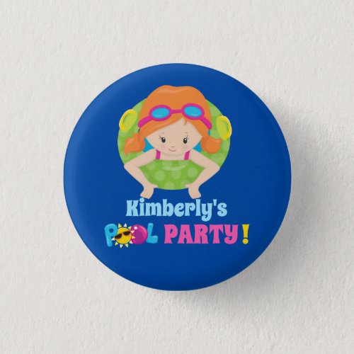 Cute Pool Party Redhead Birthday Girl Button