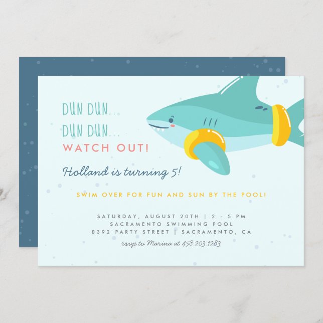 Cute Pool Party Shark Arm Bands Kids Birthday Invitation (Front/Back)