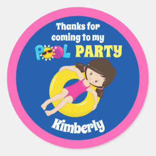 Cute Pool Party Swimming Birthday Girl Custom Classic Round Sticker