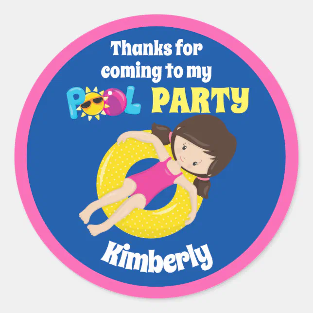 Cute Pool Party Swimming Birthday Girl Custom Classic Round Sticker ...