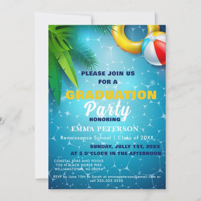 Cute Pool Party, Swimming Graduation gift yellow Invitation (Front)