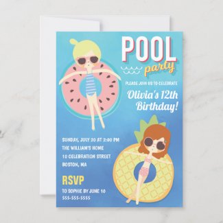 Cute Pool Party Watercolor | Girl Birthday Invitation