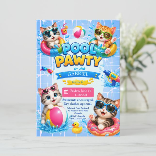 Cute Pool Pawty Cat Kids Birthday Invitation (Standing Front)