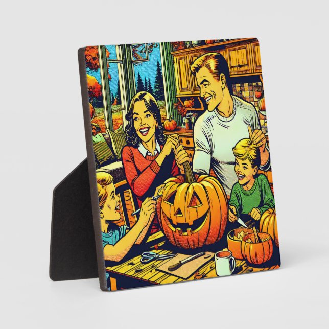 Cute Pop Art Family Carving Halloween Pumpkins Plaque (Front)