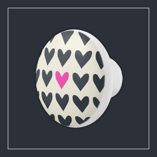 Cute Pop Art Hearts in Mod Dark Gray and Hot Pink Ceramic Knob