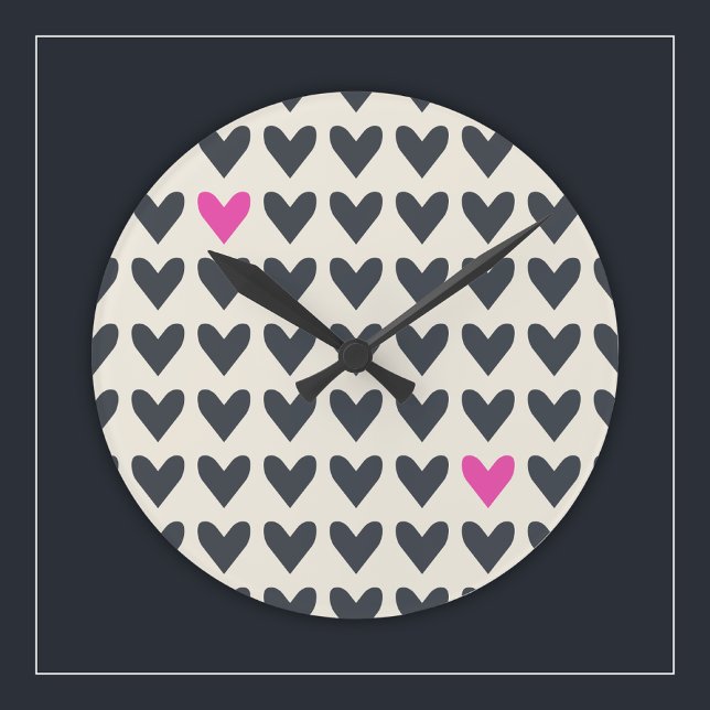 Cute Pop Art Hearts in Mod Dark Gray and Hot Pink Round Clock (Creator Uploaded)
