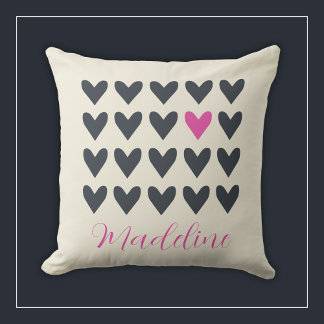 Cute Pop Art Hearts in Mod Dark Gray and Hot Pink Throw Pillow
