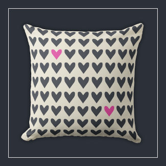 Cute Pop Art Hearts in Mod Dark Gray and Hot Pink Throw Pillow