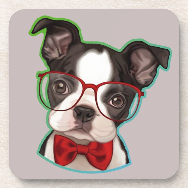 Cute Pop Art Hipster Boston Terrier Beverage Coaster (Front)