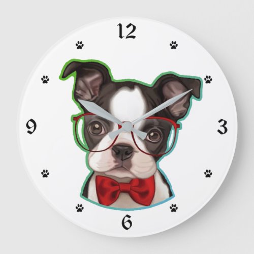 Cute Pop Art Hipster Boston Terrier Dog Large Clock