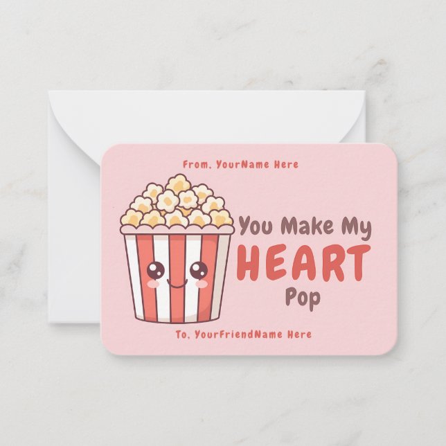 Cute Popcorn Valentine Classroom Note Card (Front)
