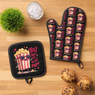 Cute Popcorn Valentine You Make My Heart Pop! Oven Mitt & Pot Holder Set