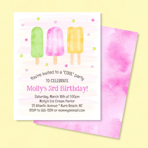 Cute Popsicles Pink Girl 3rd Birthday Invitation