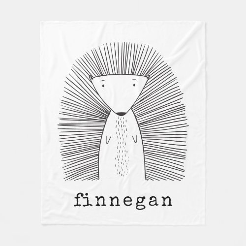 Cute Porcupine Simple Line Drawing Custom Name Fleece Blanket