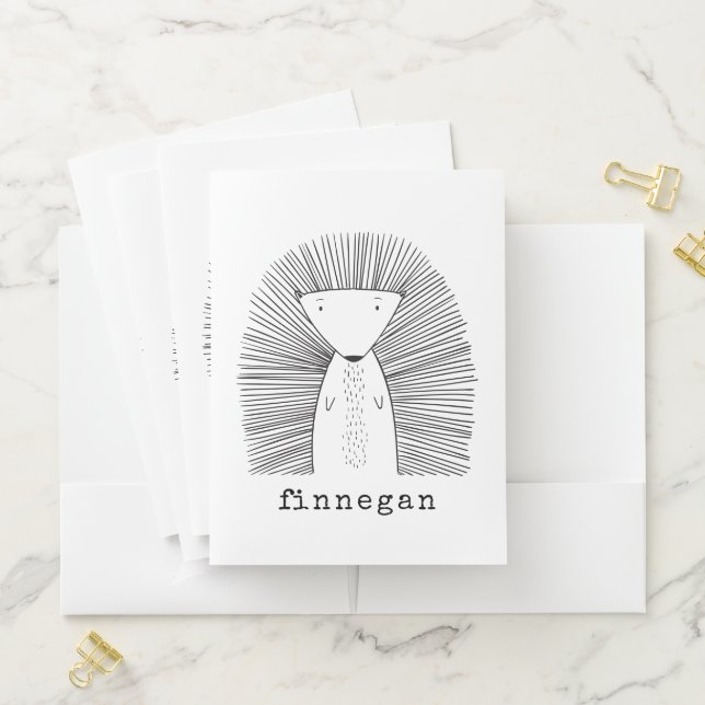 Cute Porcupine Simple Line Drawing Custom Name Pocket Folder (In Situ)