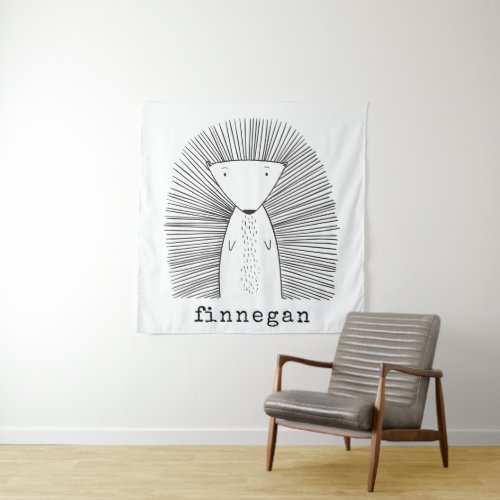 Cute Porcupine Simple Line Drawing Custom Name Tapestry