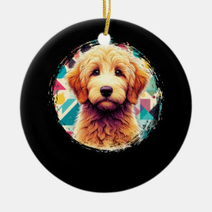 Cute Portrait Goldendoodle Dog on Golden Doodle Lo Ceramic Ornament