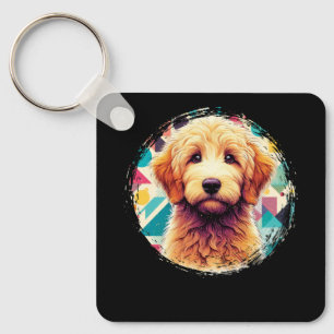 Cute Portrait Goldendoodle Dog on Golden Doodle Lo Keychain